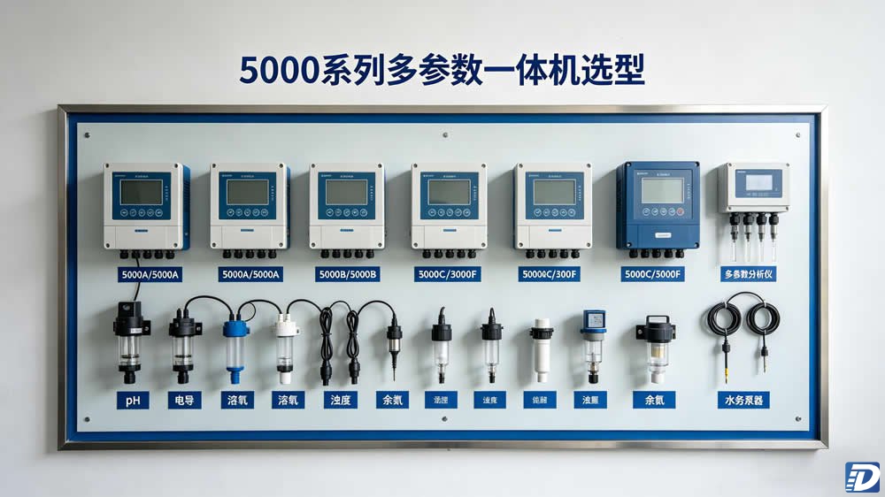 多参数水质分析仪集成的参数：pH、电导率、溶解